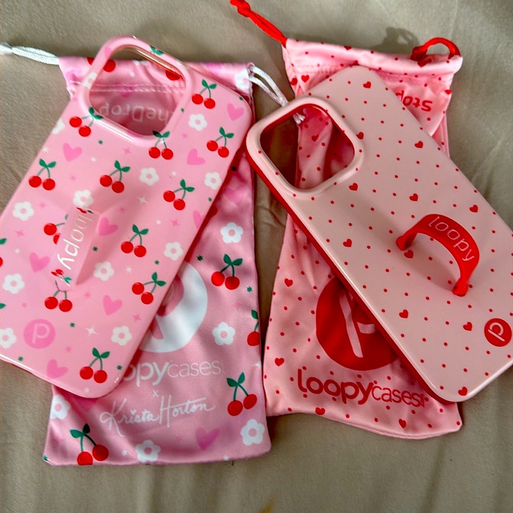 iPhone 15 pro max loopy case bundle - Krista Horton cherries 🍒 & pink hearts 💕
